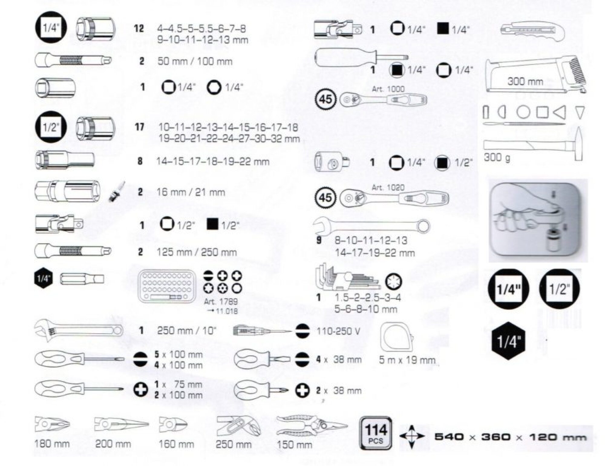 Coffret de 115 outils universels 1/4″ – 1/2″ KRAFTWERK Basic-line 204.105.600