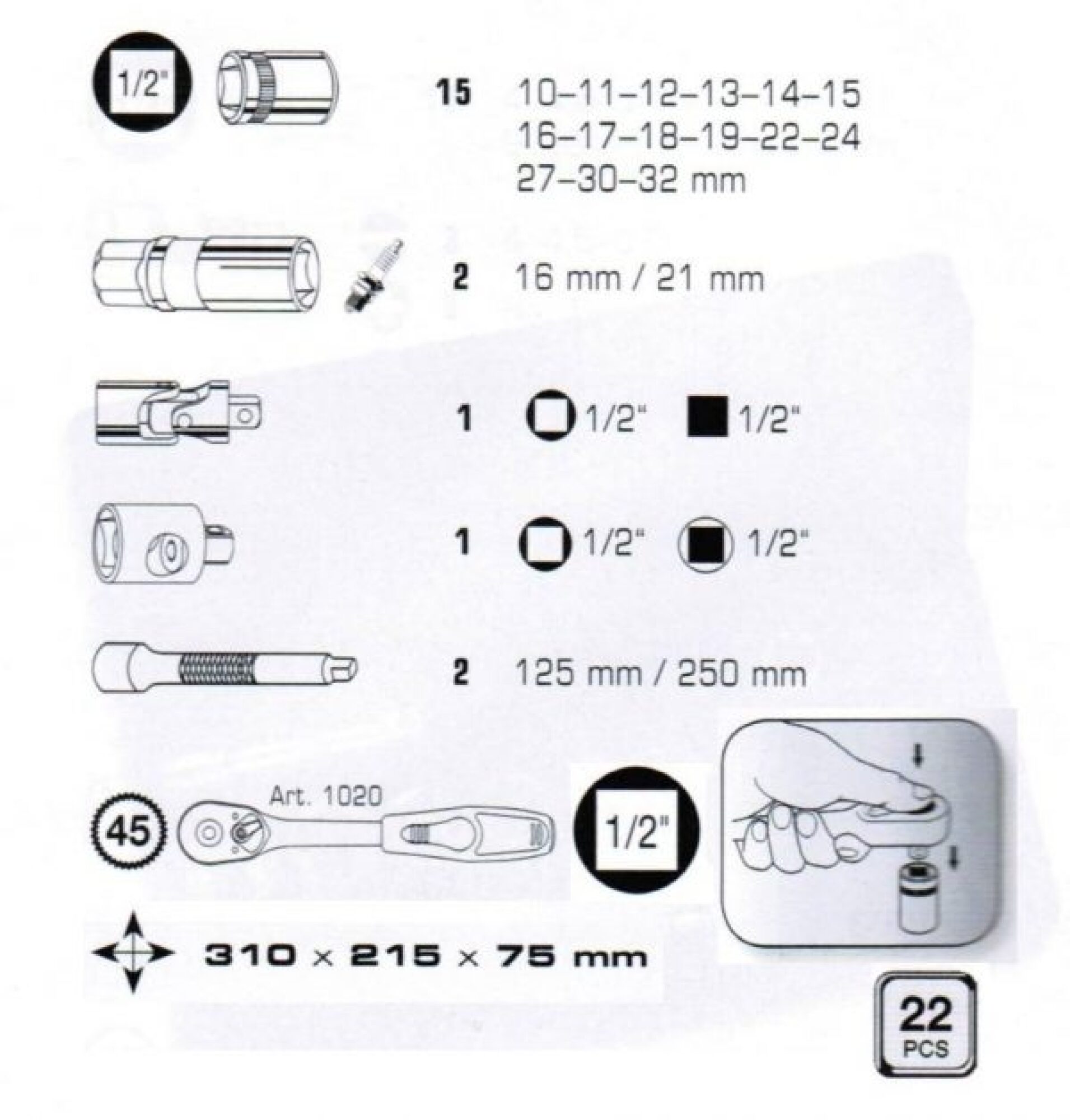 Coffret de 33 douilles 1/2″ 22 pcs, KRAFTWERK Basic-line 204.102.200