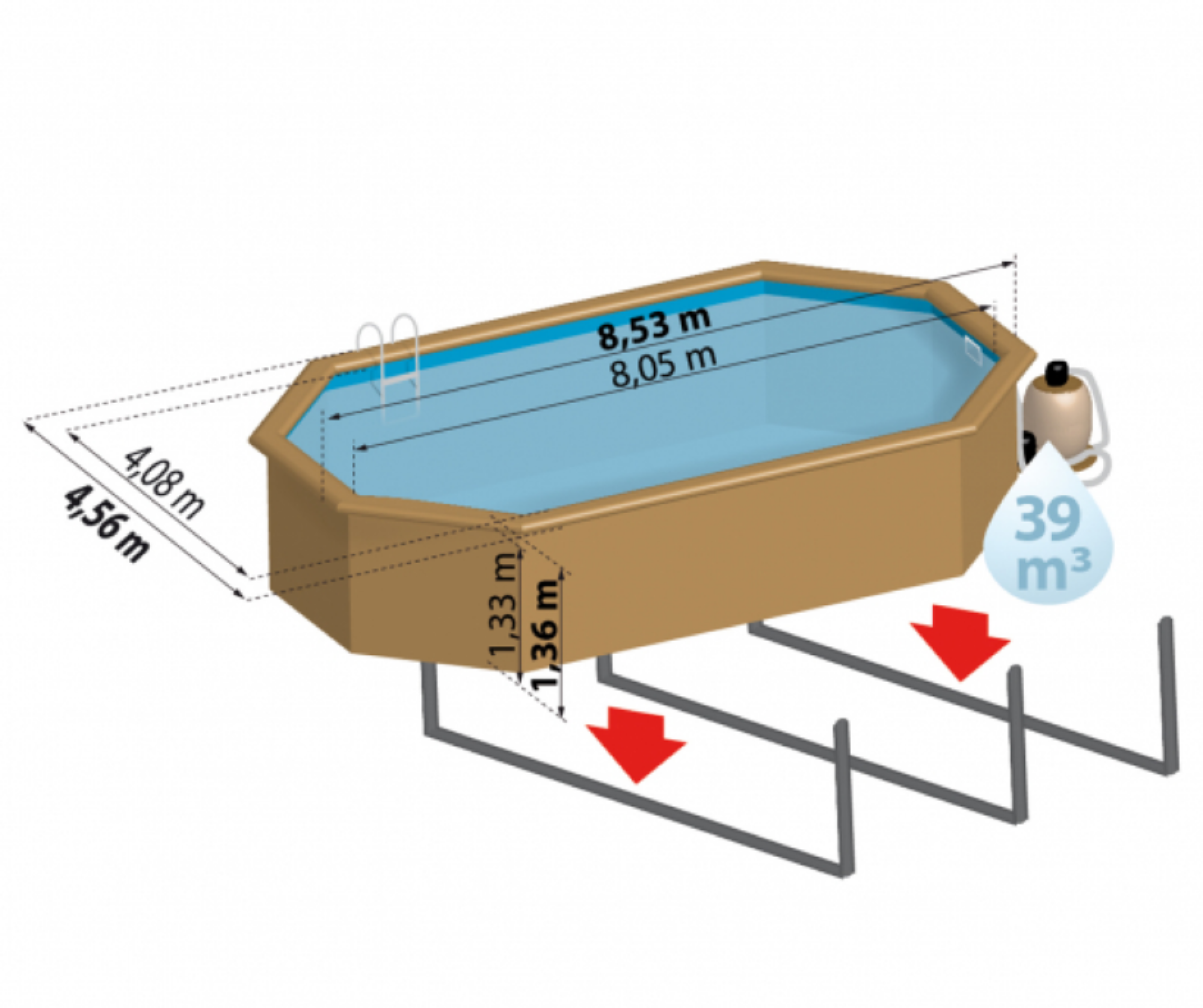 Piscine en bois 8.53 X 4.56 X H 1.36 M