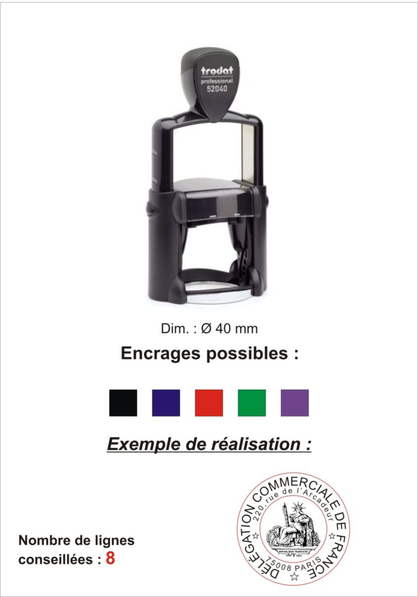 Vente tampon encreur caoutchouc 8 lignes rond métallique