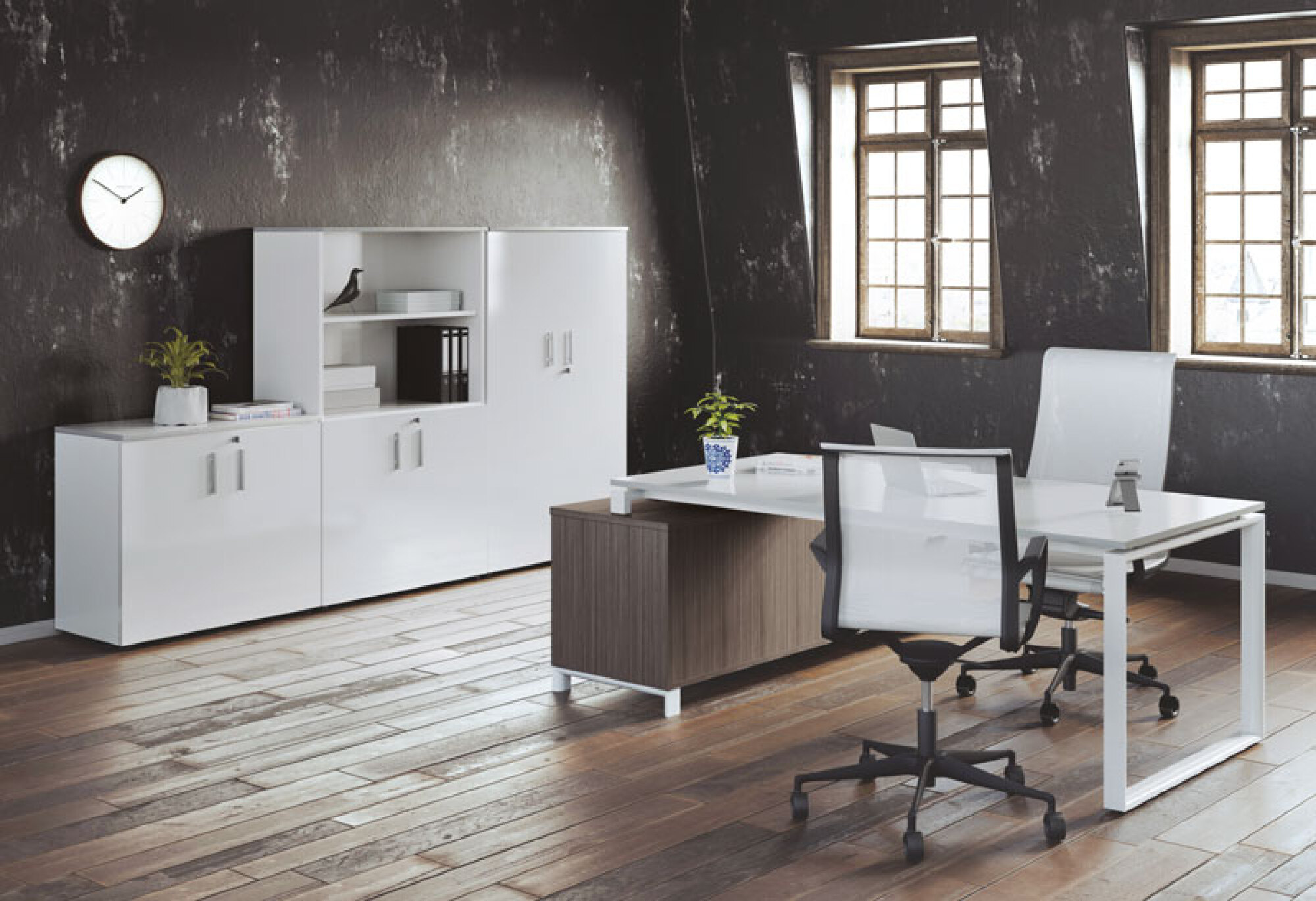 Bureau direction diamant plan droit avec crédence porteuse