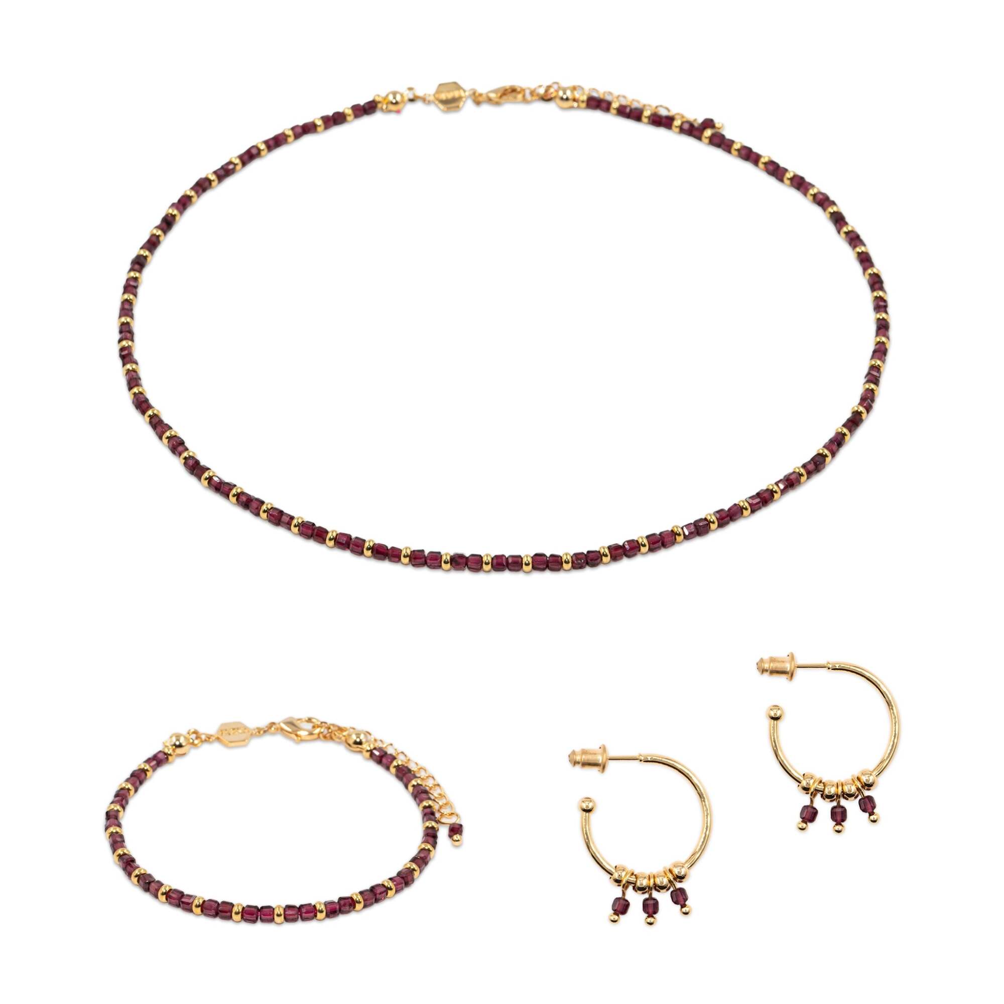 Collier, bracelet et boucles d'oreilles Karia en pierres Grenat