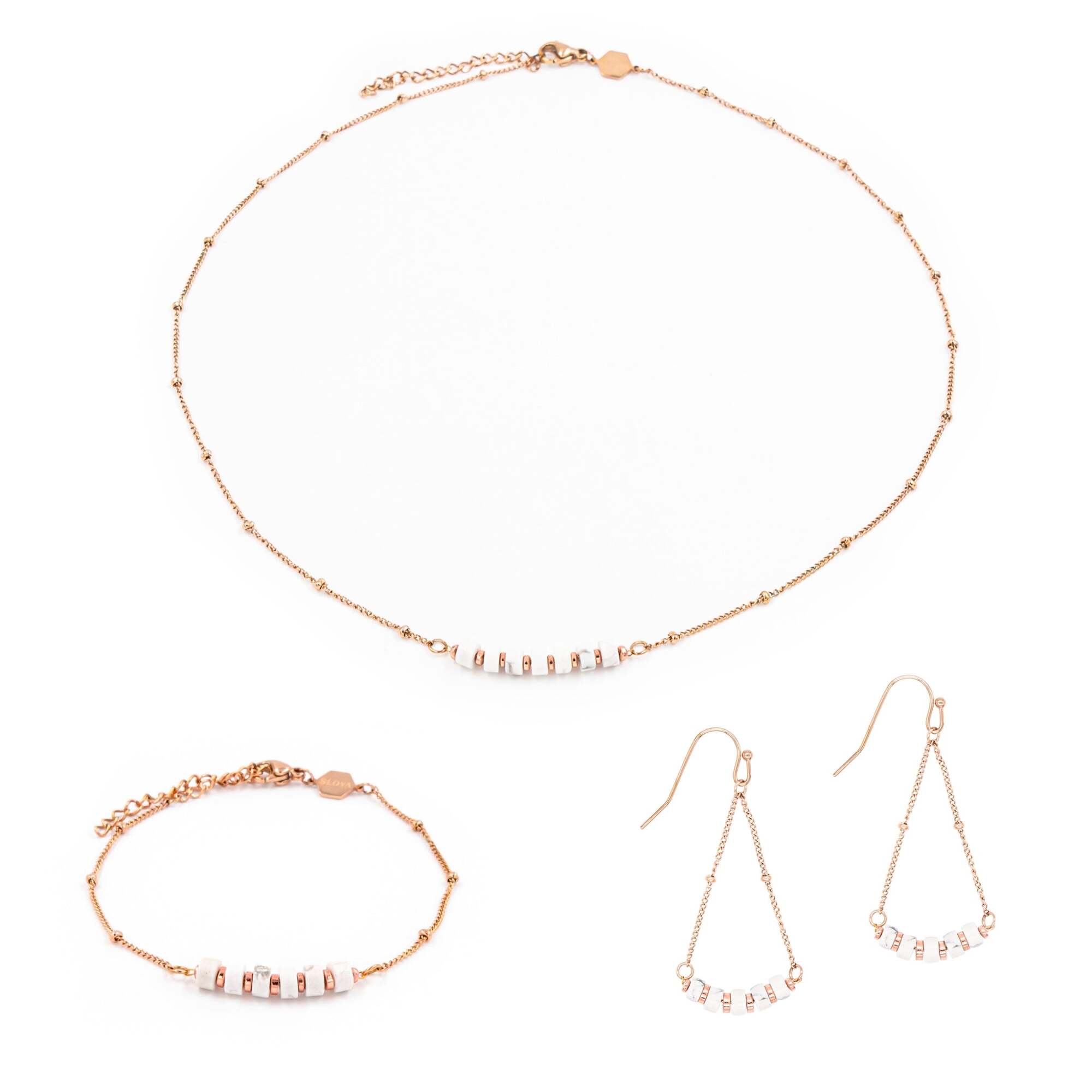 Collier, bracelet et boucles d'oreilles Piana en pierres Howlite
