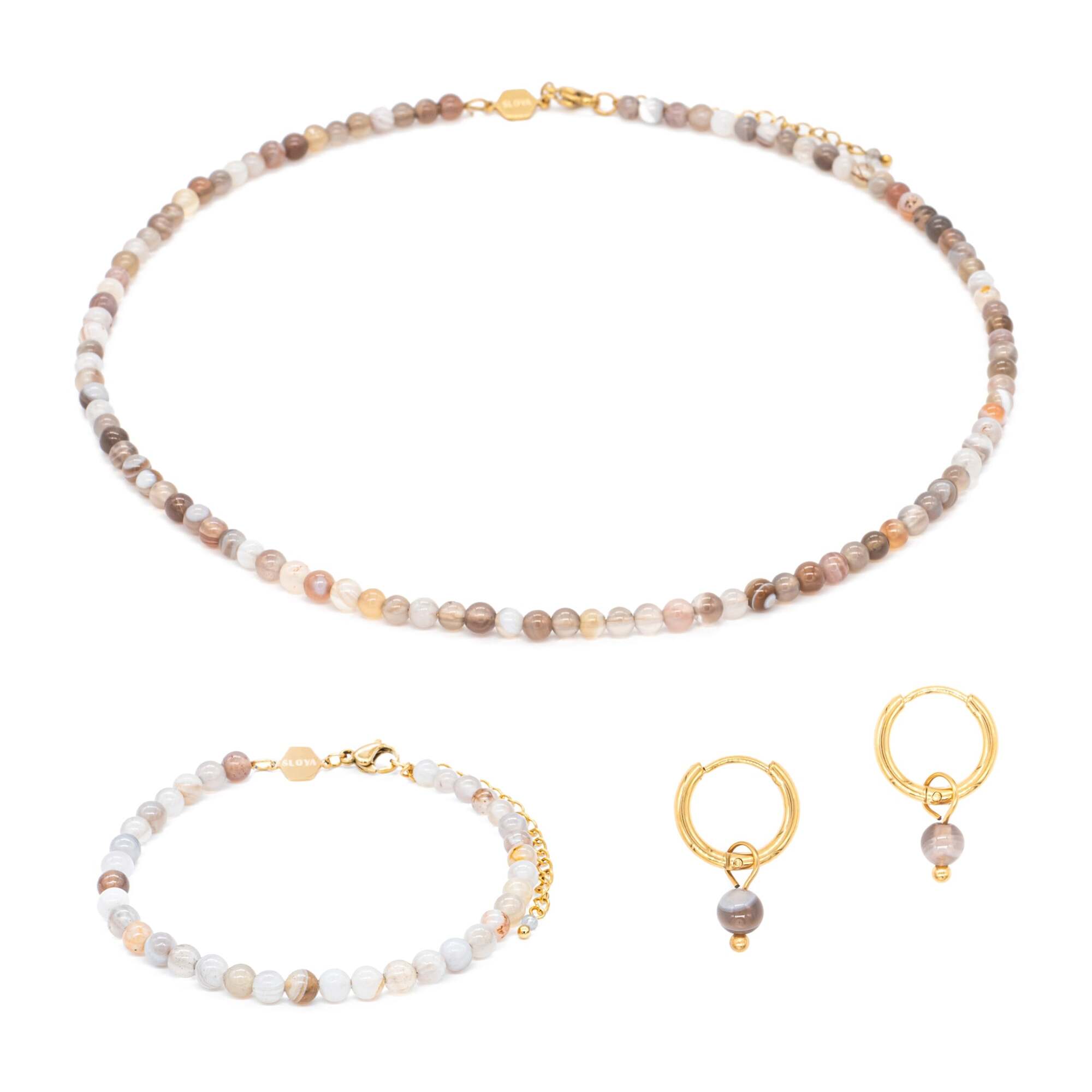 Collier, bracelet et boucles d'oreilles Serena en pierres Agate Botswana