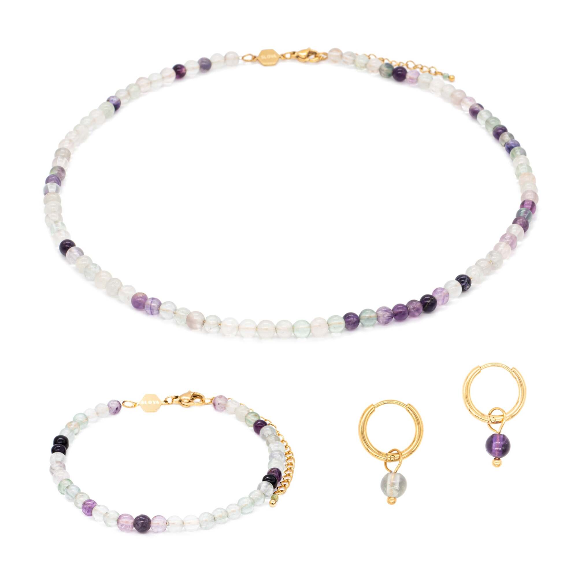 Collier, bracelet et boucles d'oreilles Serena en pierres Fluorite