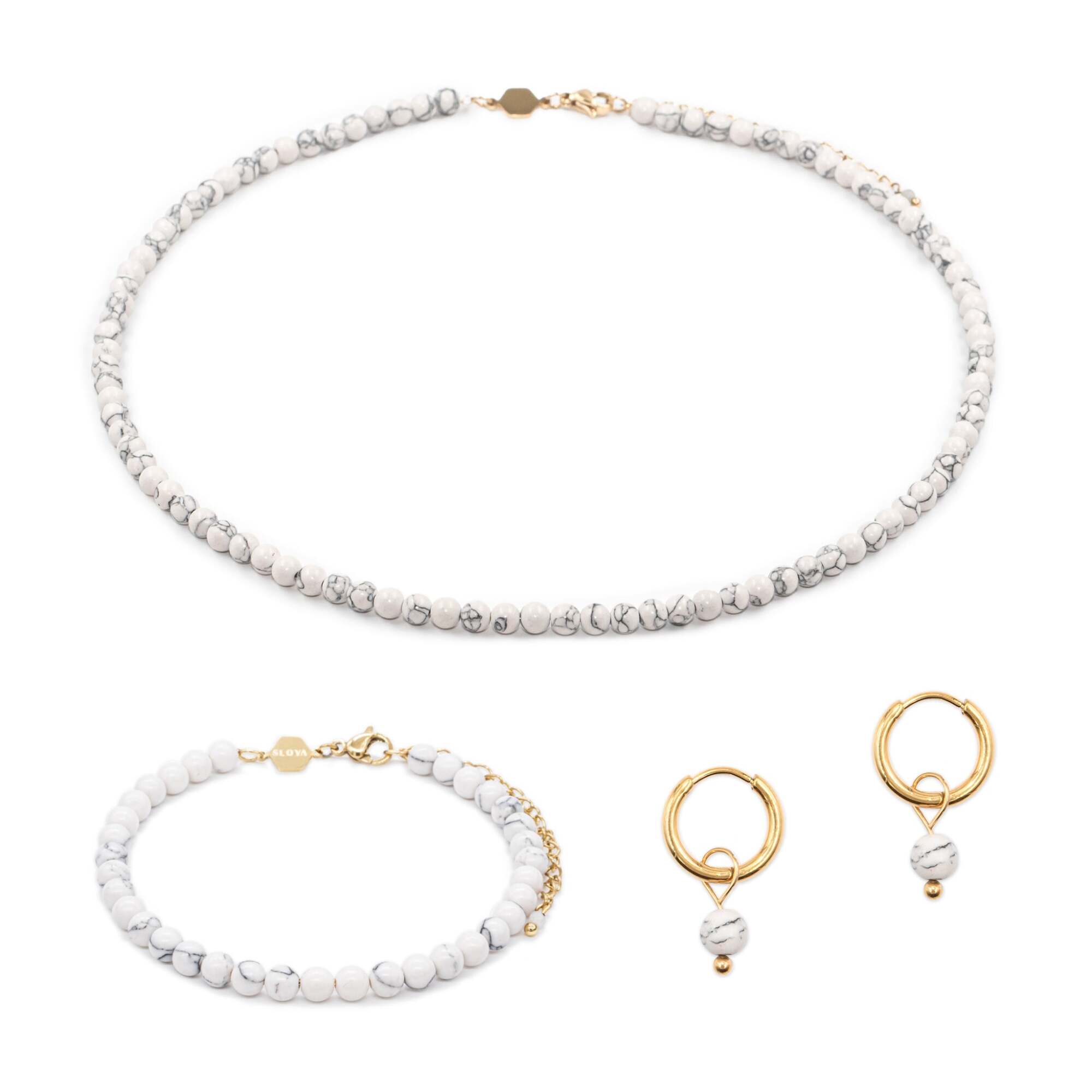 Collier, bracelet et boucles d'oreilles Serena en pierres Howlite