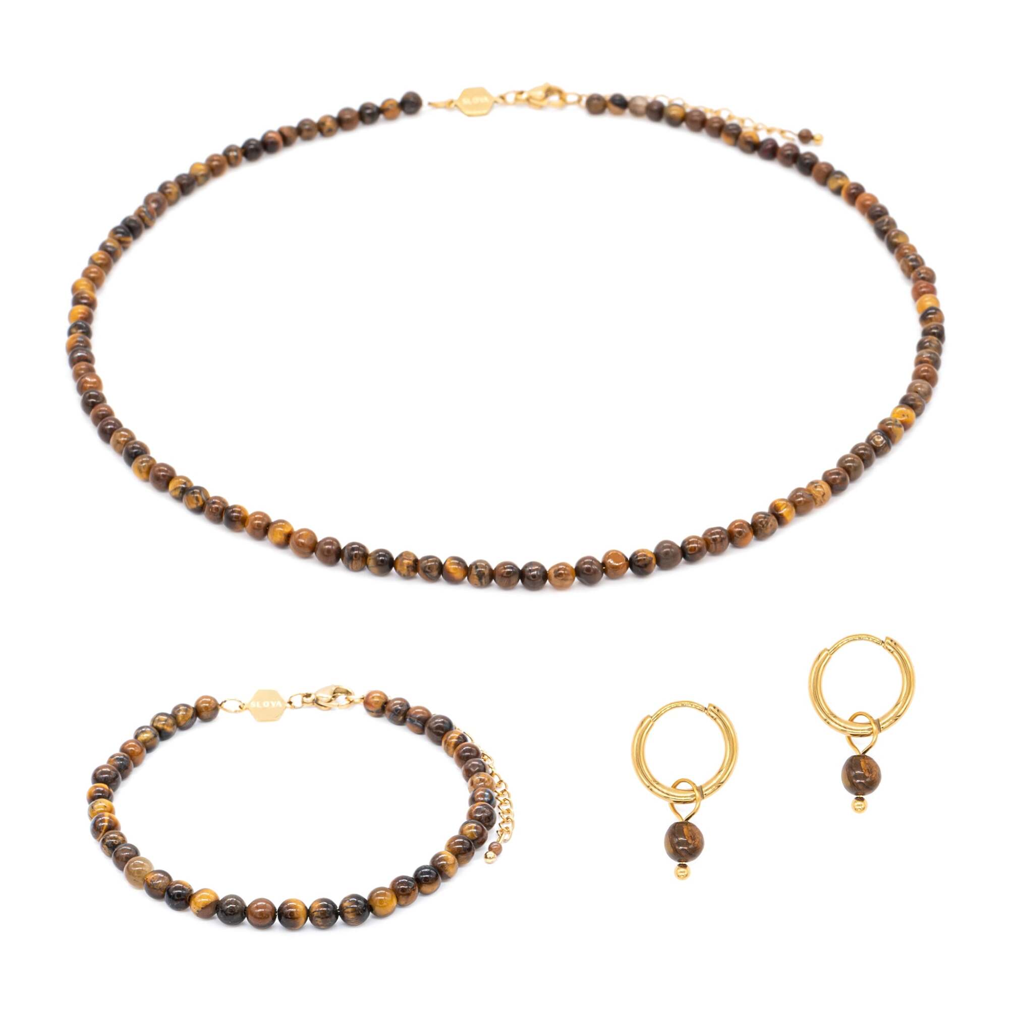 Collier, bracelet et boucles d'oreilles Serena en pierres Oeil de Tigre