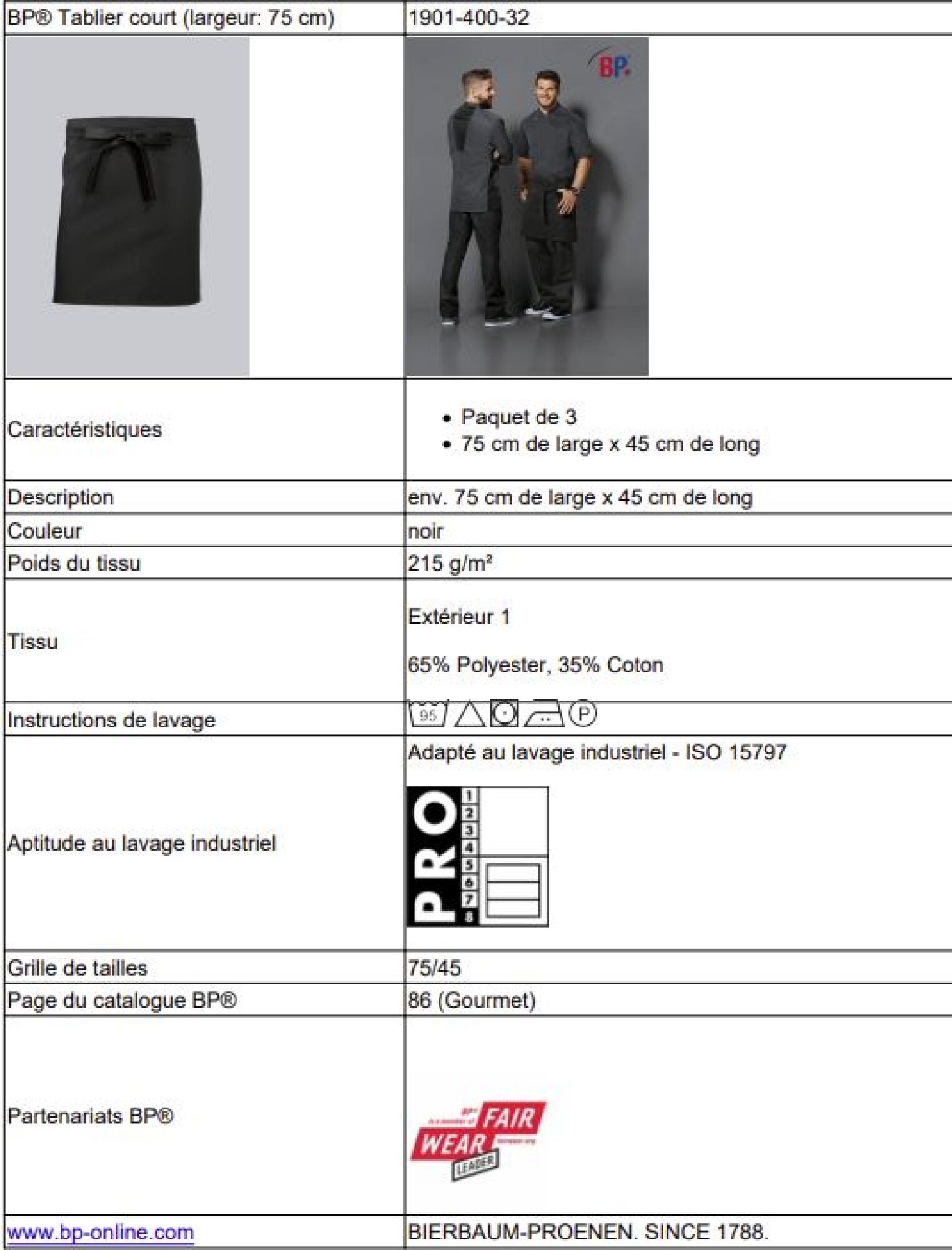 Tablier court (largeur : 75cm)