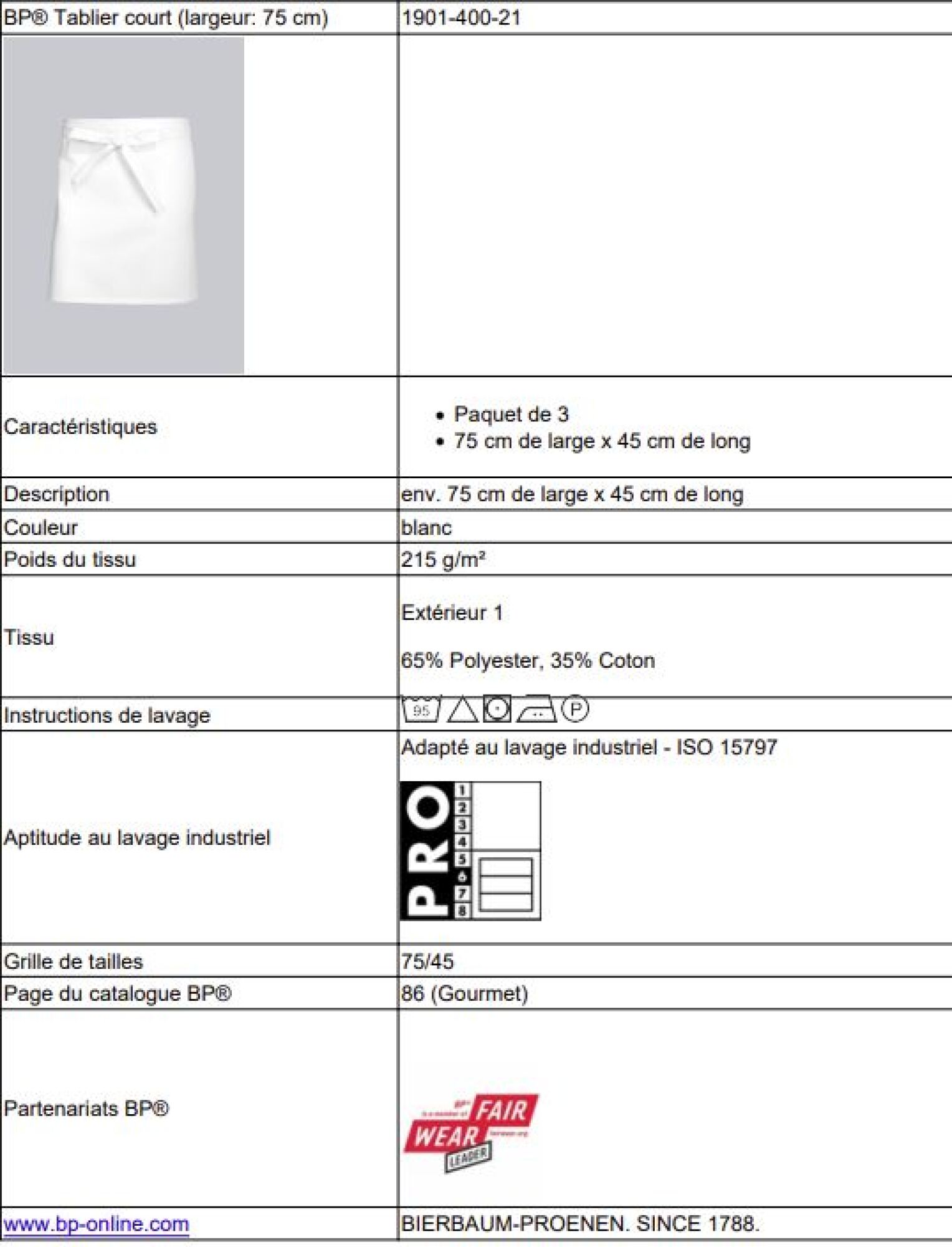 Tablier court (largeur : 75cm)