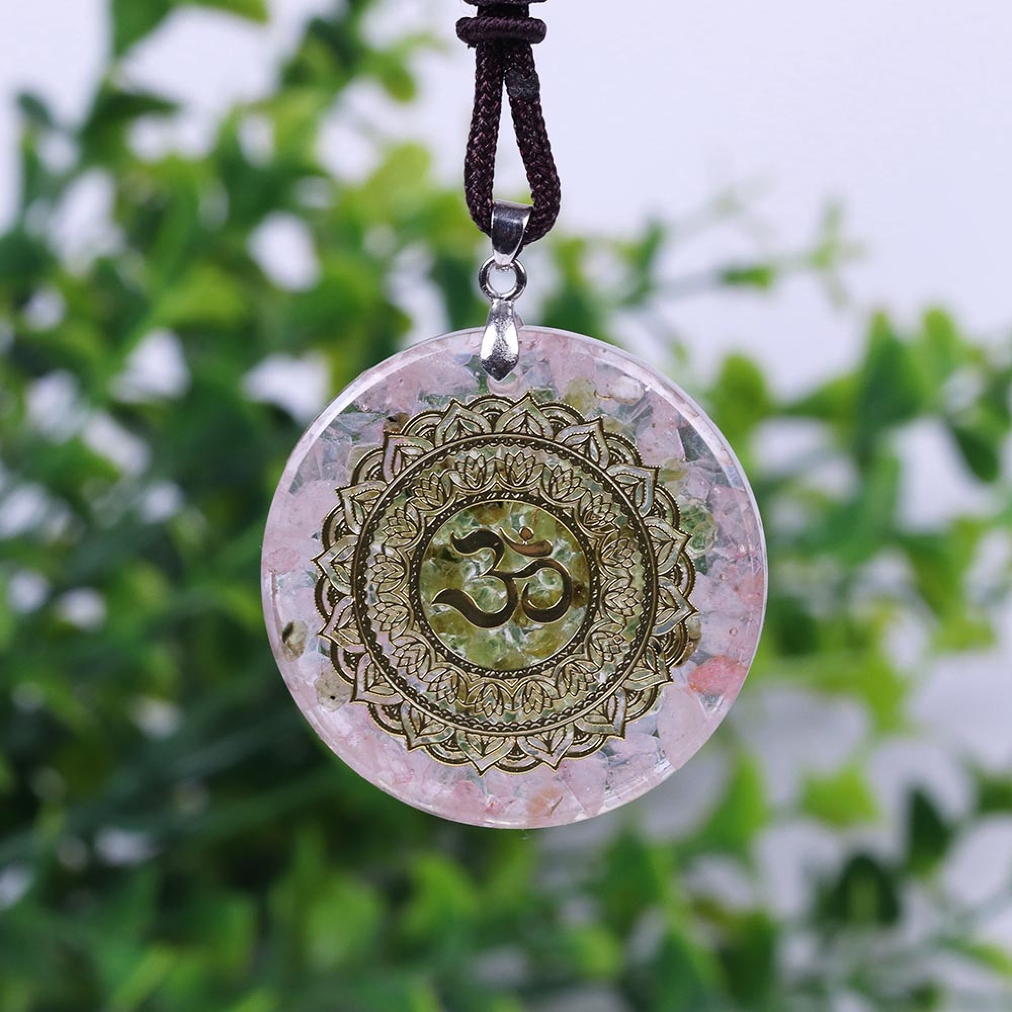 Collier méditation Om quartz rose Maman