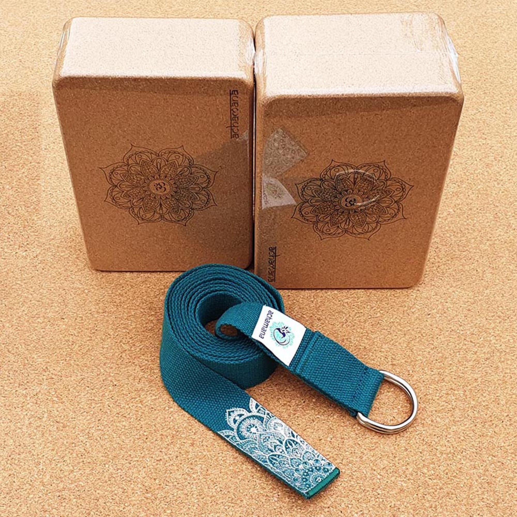 Pack 2 Blocs yoga liège + Sangle verte