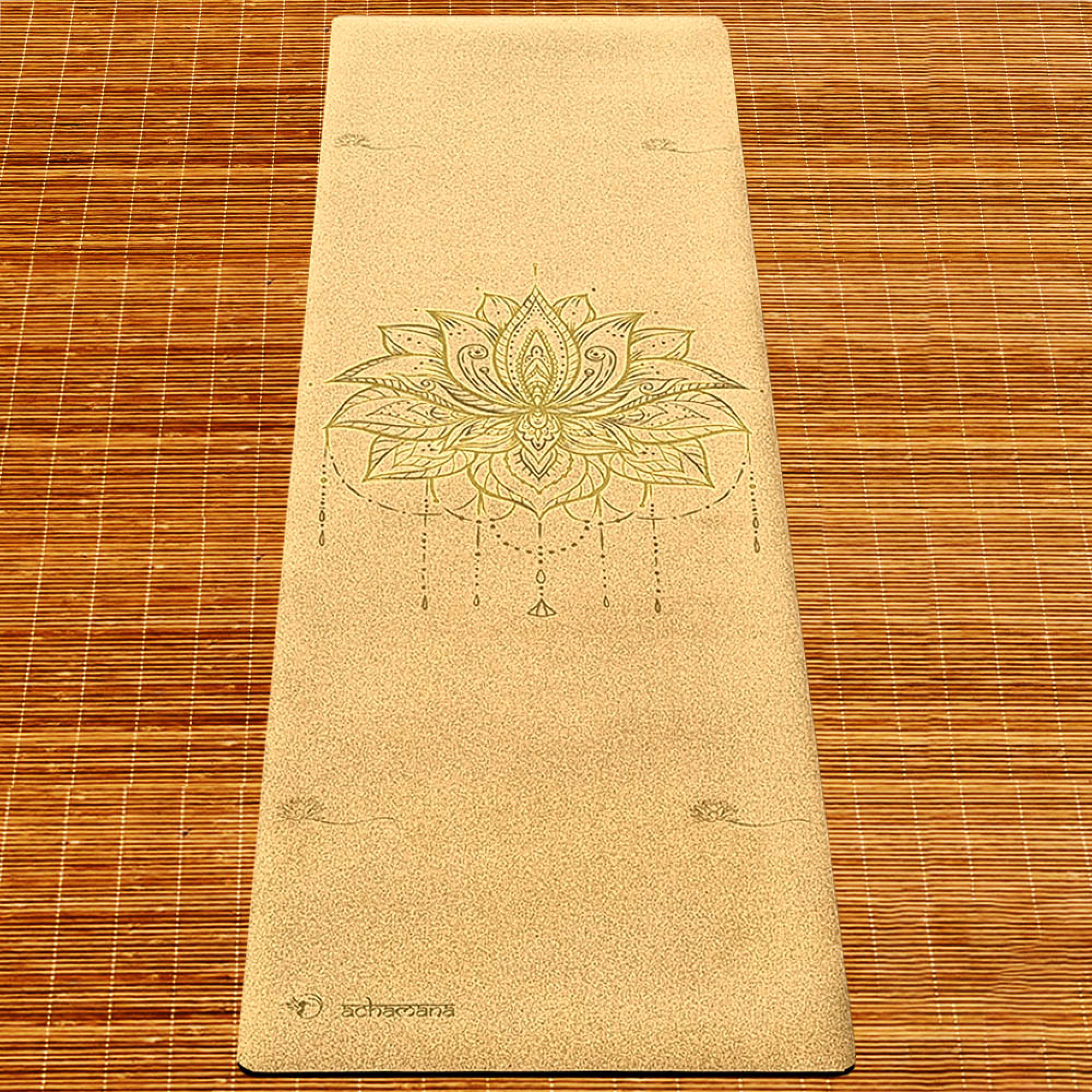 Tapis yoga voyage liège Fleur lotus Or