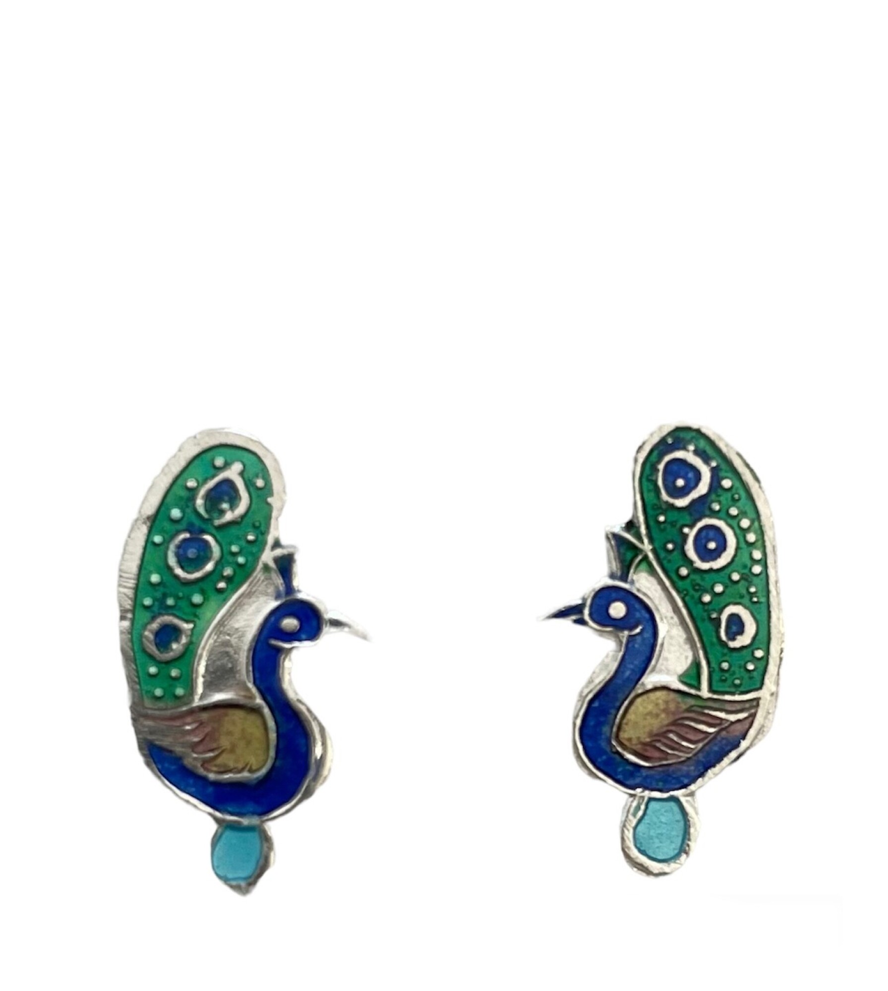 Boucles d'oreilles, clou d'oreille paon en argent et email