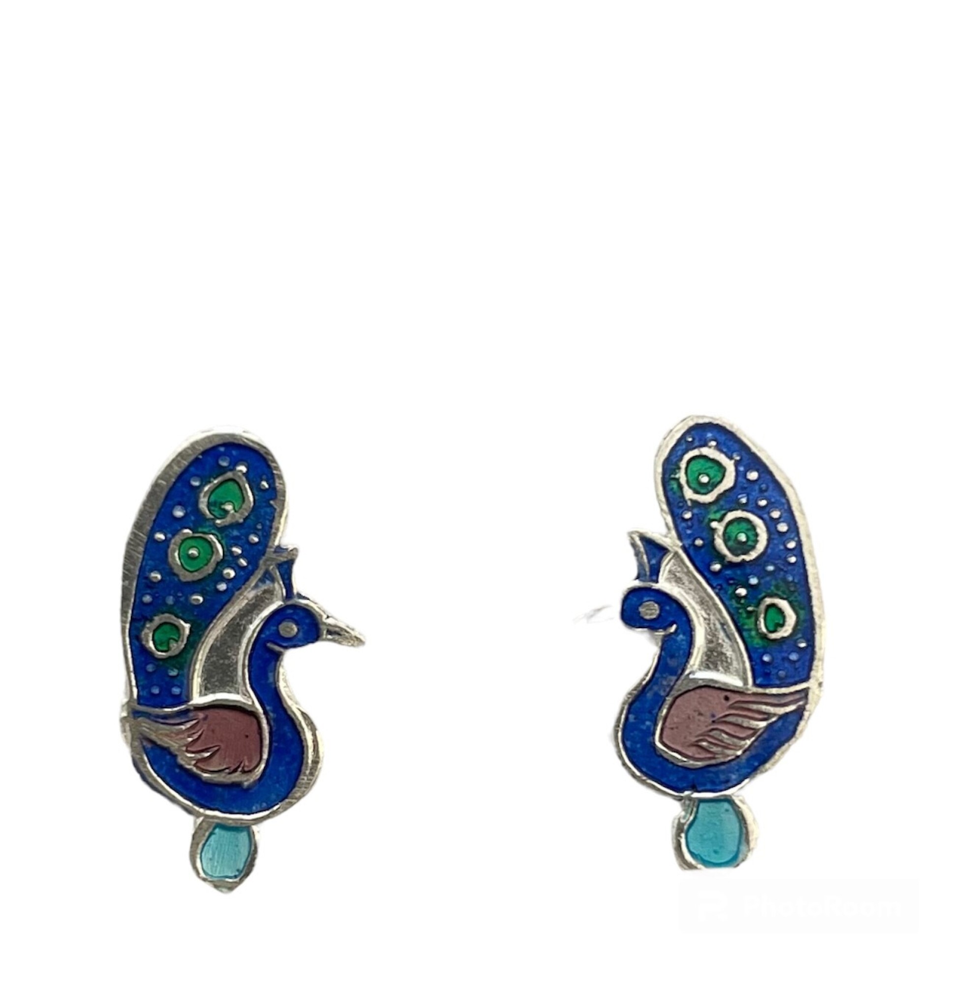 Boucles d'oreilles, clou d'oreille paon en argent et email