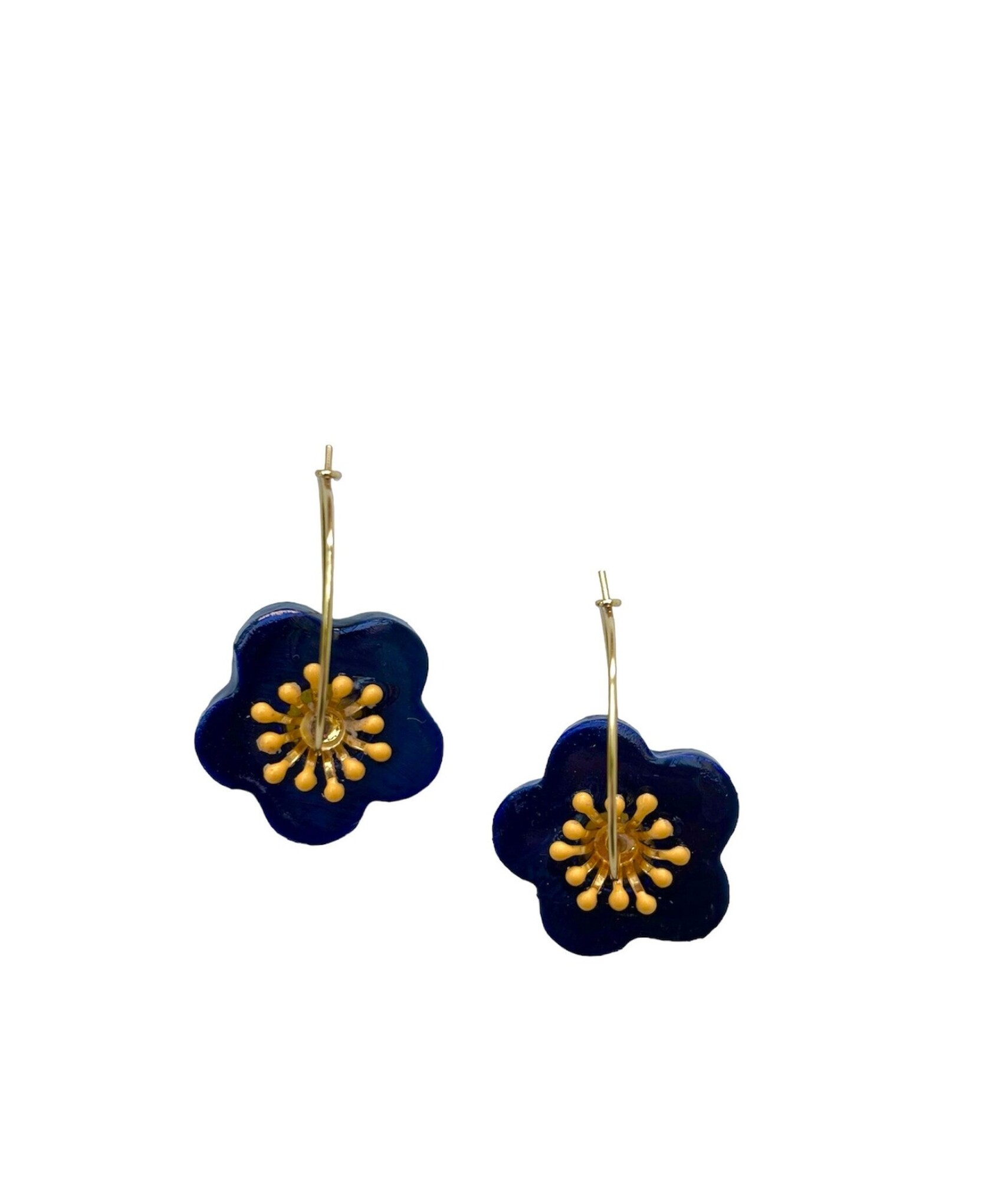 Boucles d'oreilles, créoles fleur bleue en céramique - Modèle unique artisanal