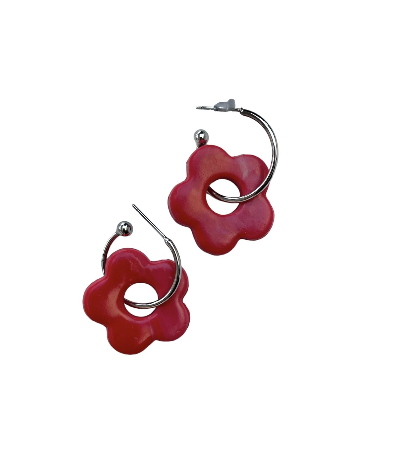 Boucles d'oreilles, créoles fleurs rouge - Modèle fait main