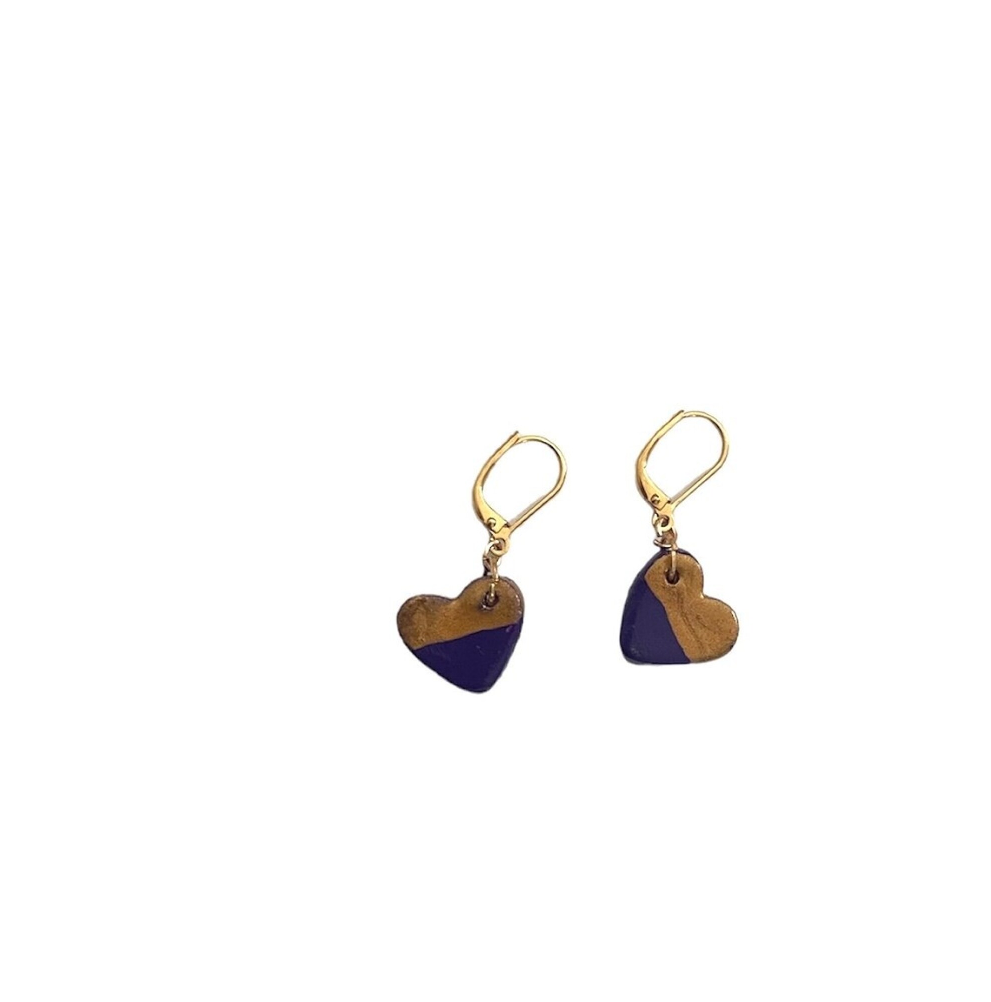 Boucles d'oreilles, pendantes en céramique violet et or