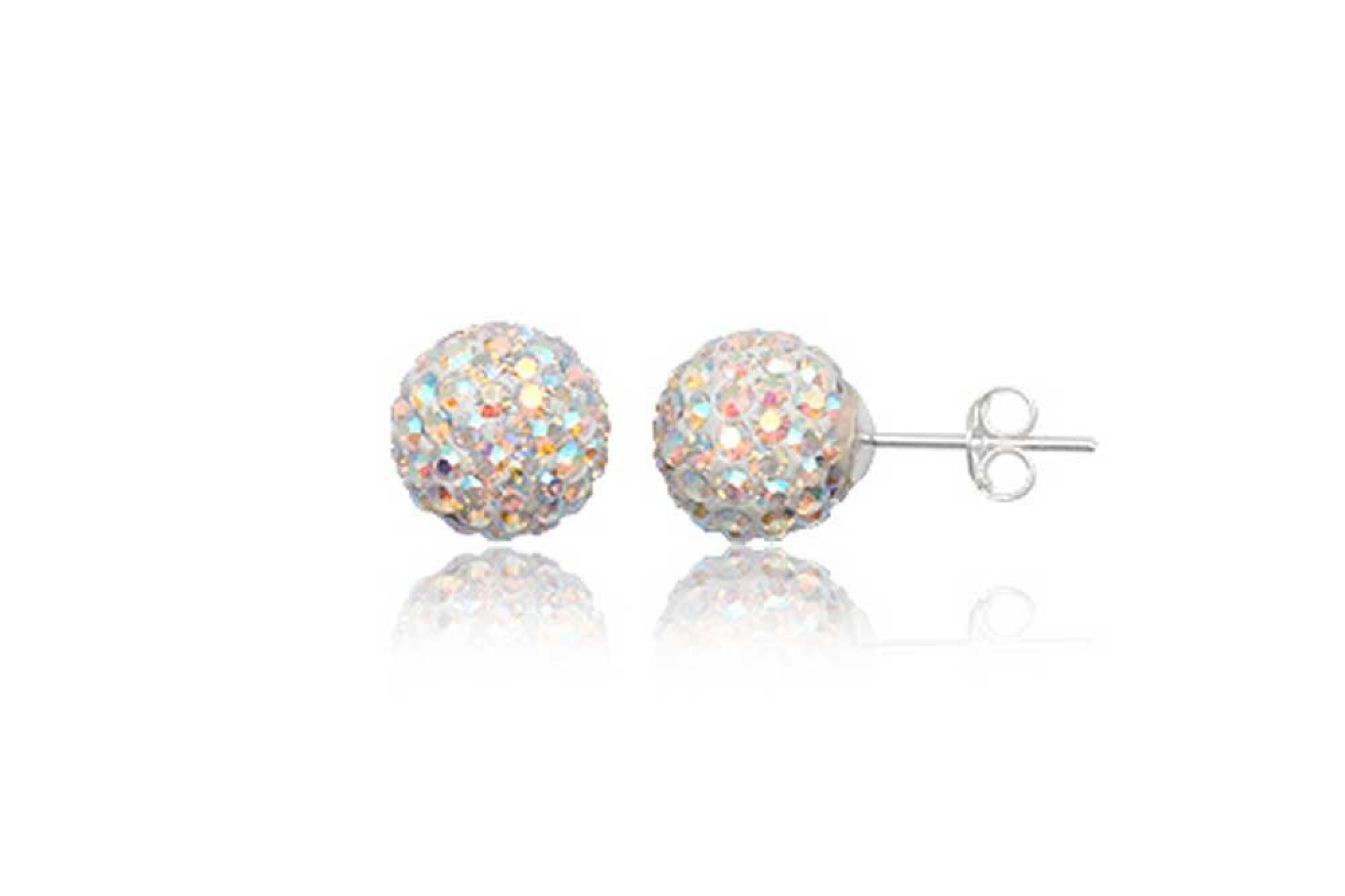 Boucles d'oreilles strass blanc et argent, forme boule