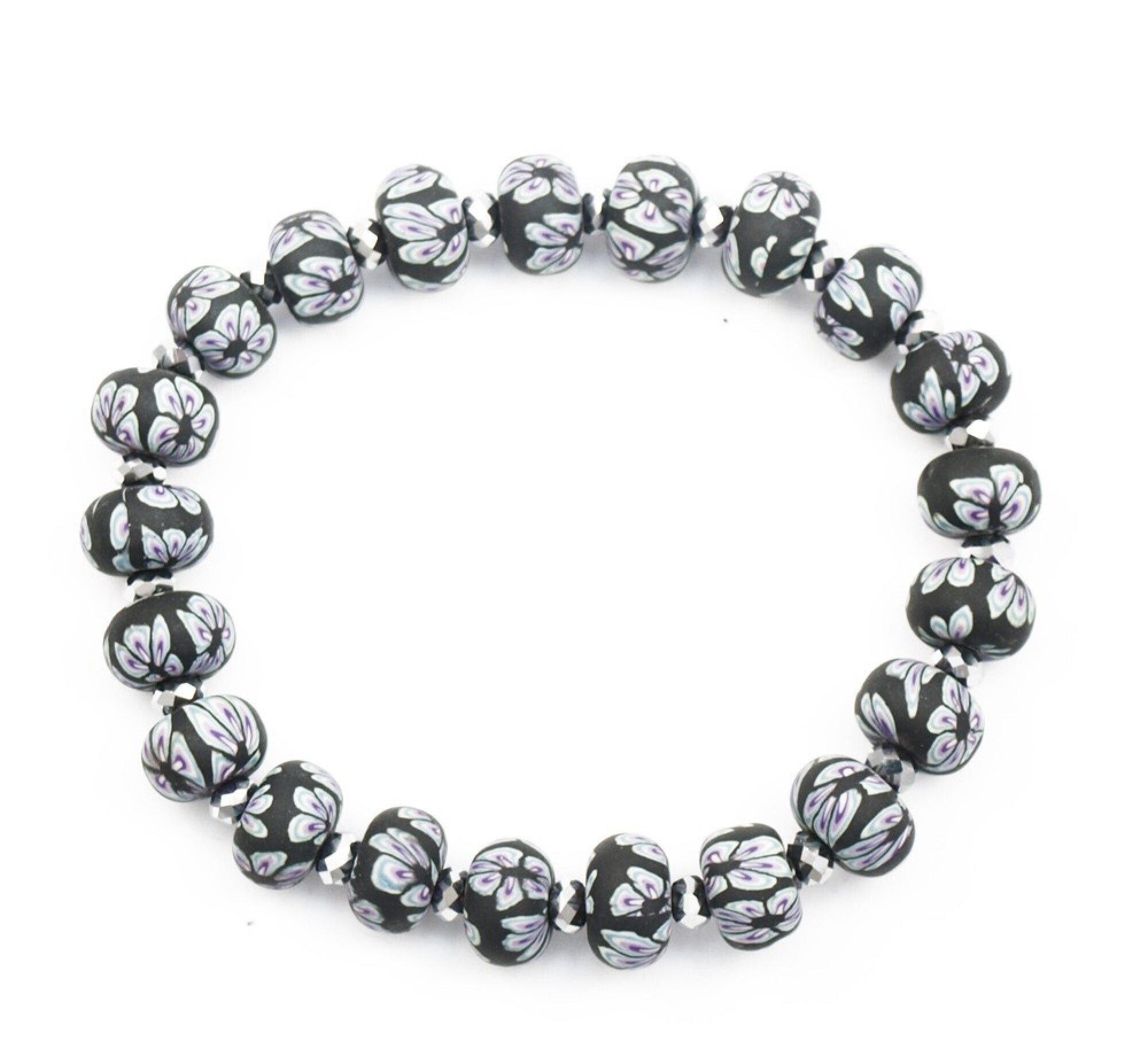 Bracelet élastique perles fleurs noires et perle cristal