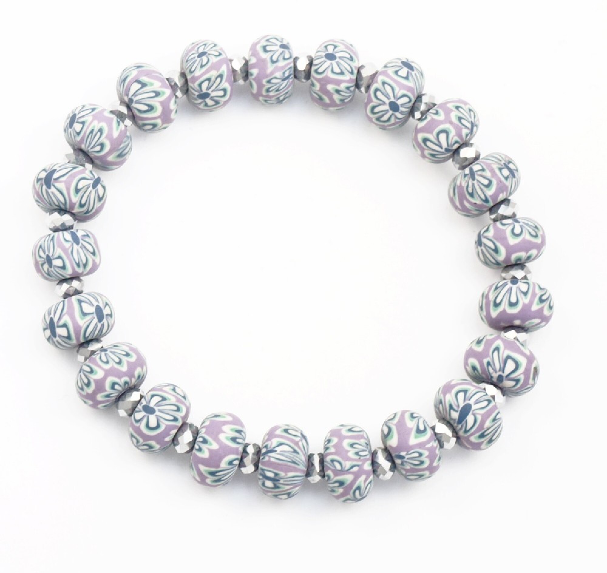 Bracelet élastique perles violettes fleurs et perle cristal