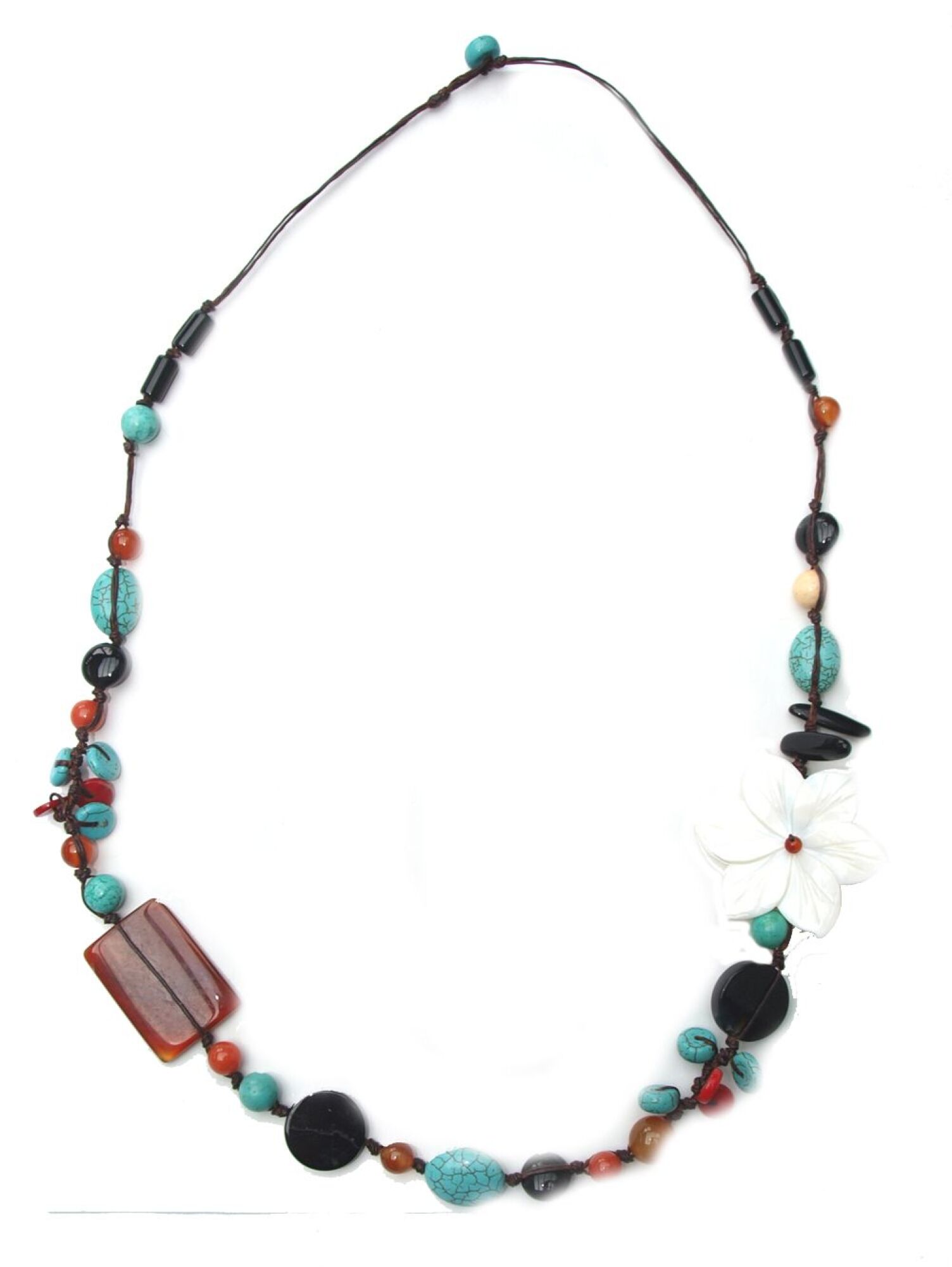 Collier en fil de soie et pierres naturelles, avec fleur blanche