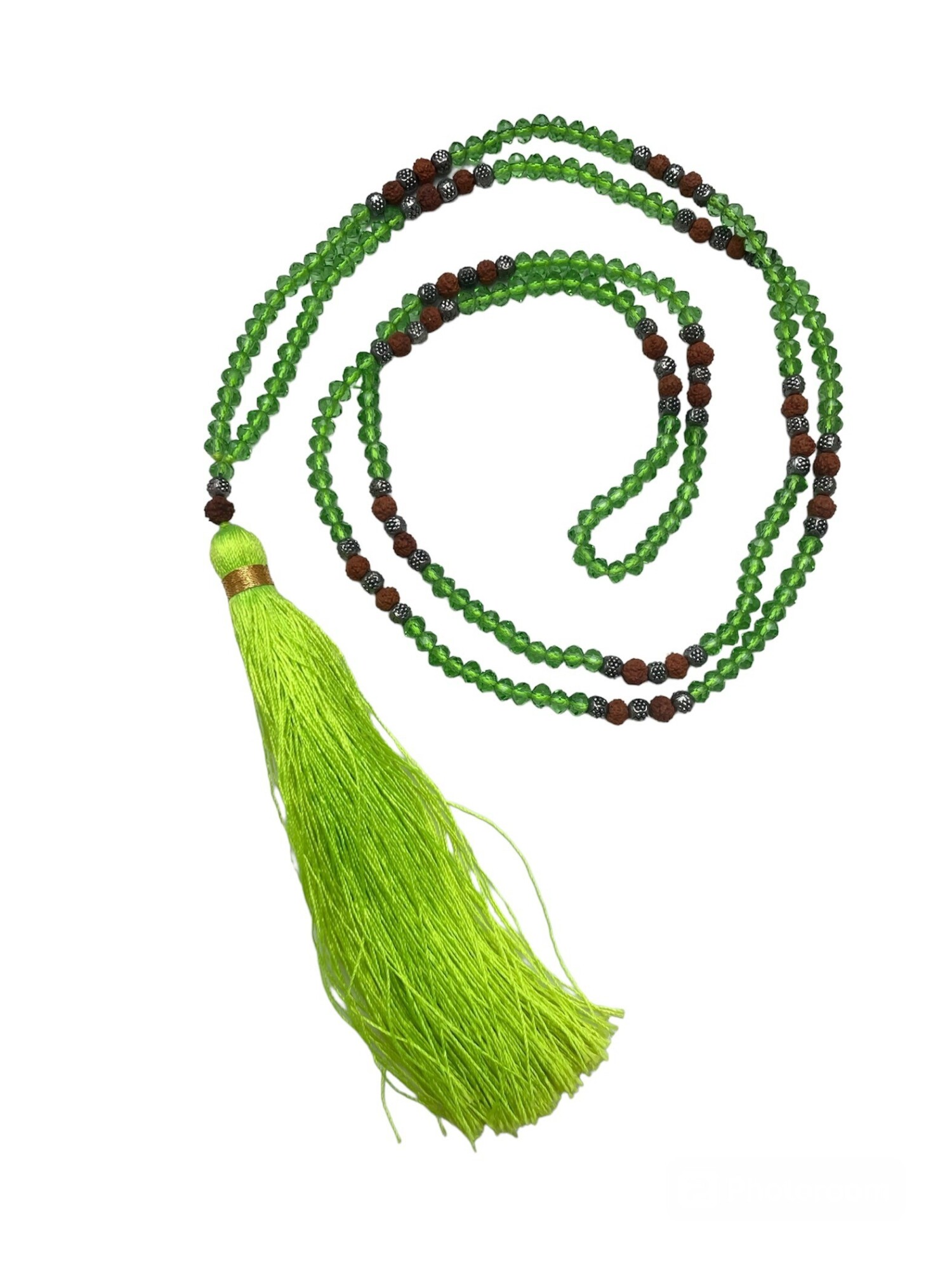 Collier long perles vertes, argenté et marron, pompon vert fluo