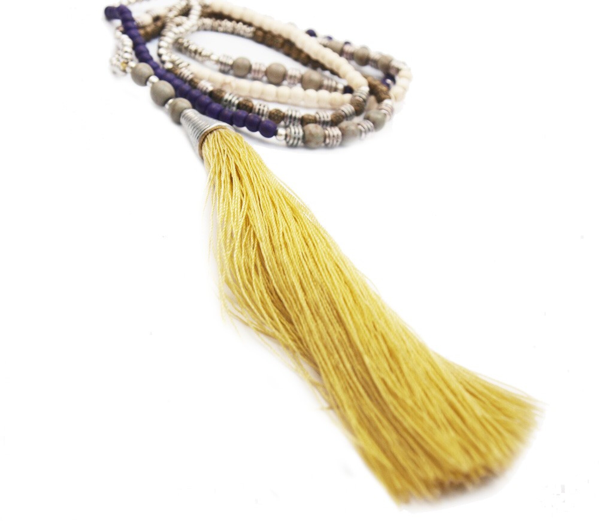 Collier pompon long beige et violet