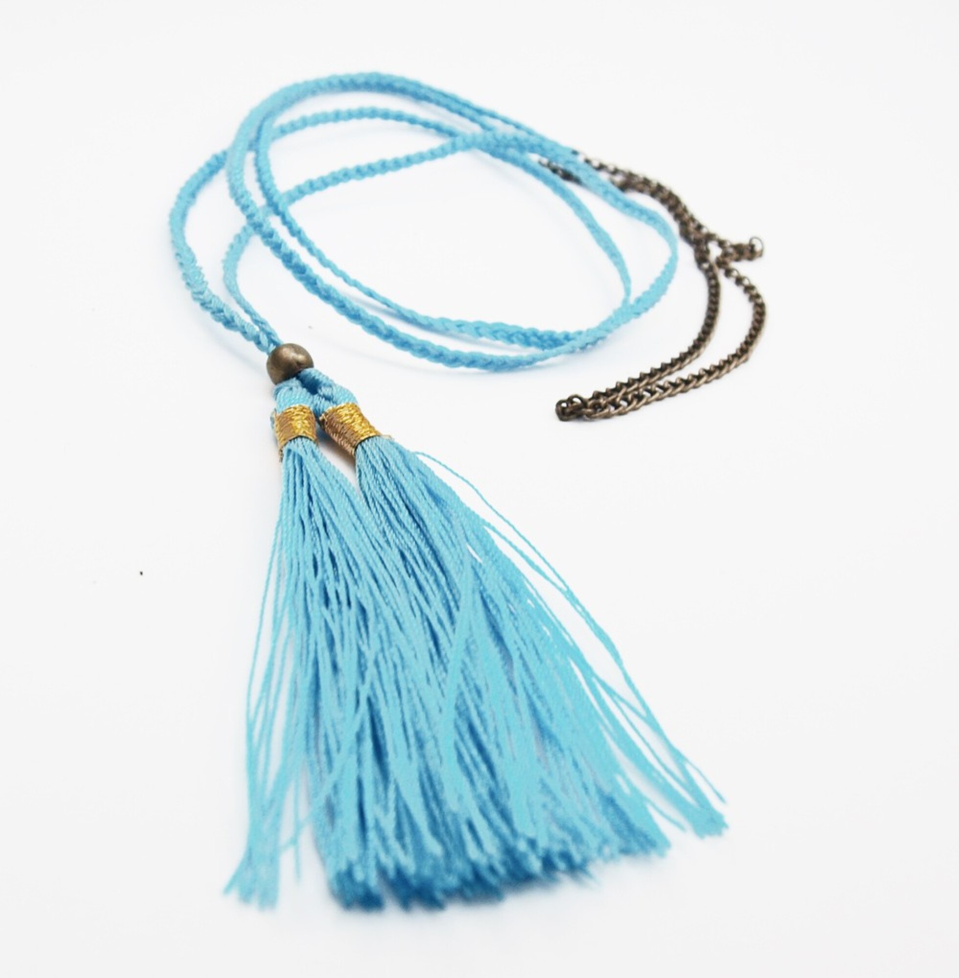 Collier turquoise long en coton avec pompon