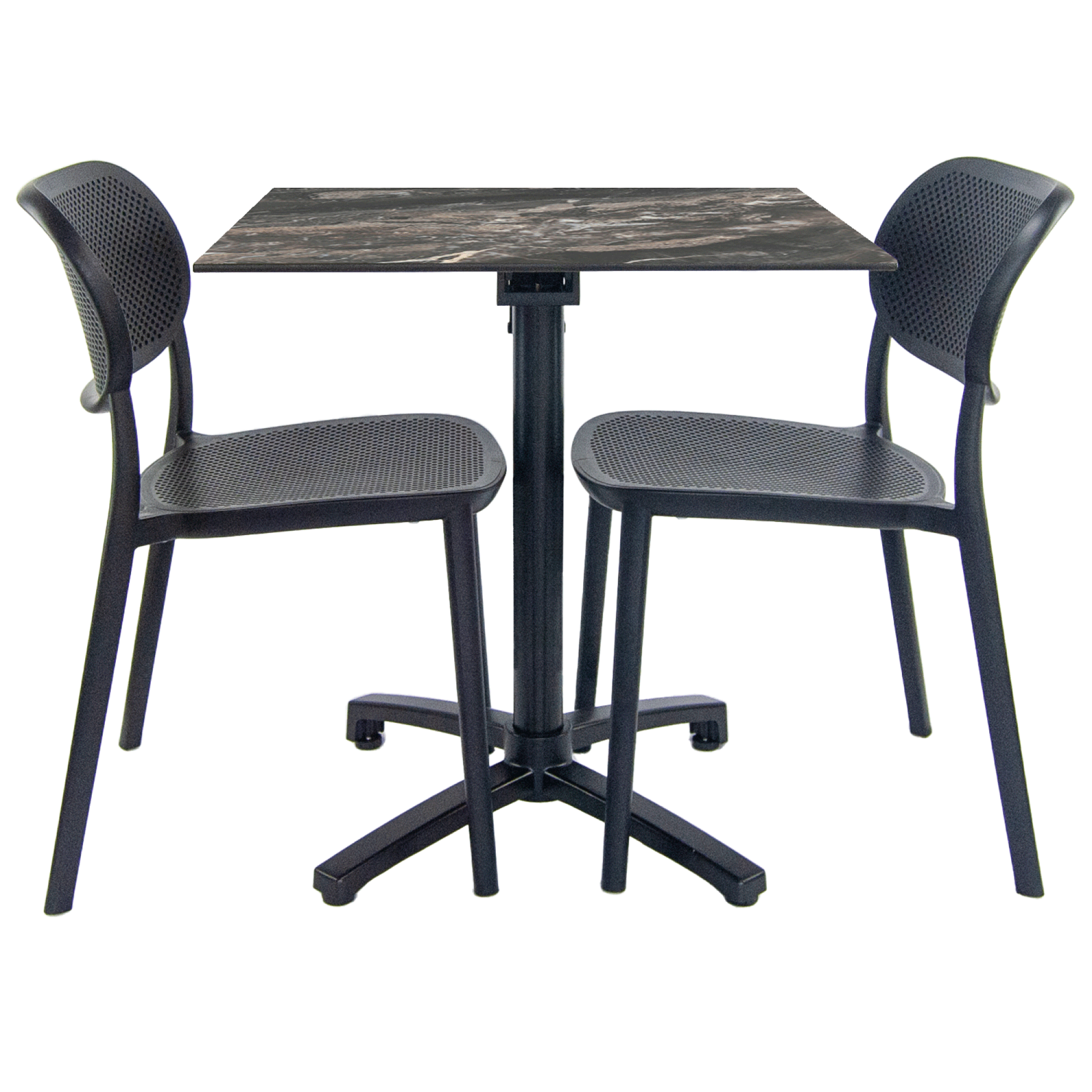 Lot de 1 table pliable marbre veiné + 2 chaises pour terrasse