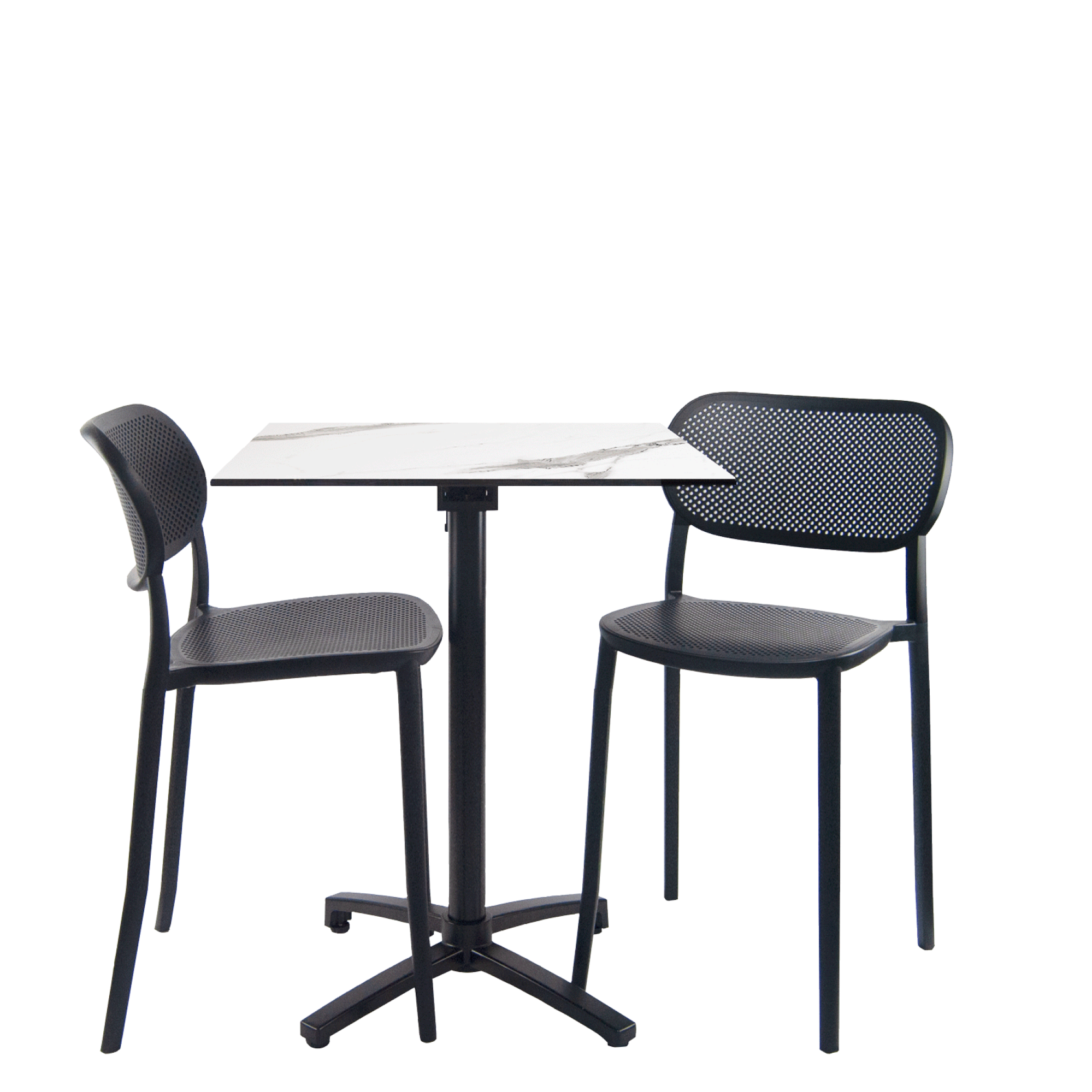 Lot de 1 table pliable marbrée h90cm + 2 chaises hautes pour terrasse