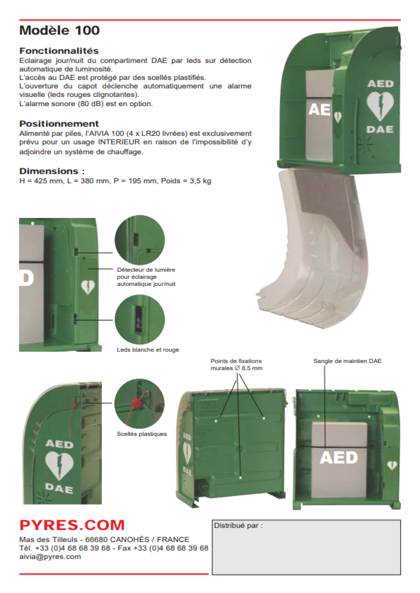 Armoire murale pour DAE Défibrillateur Automatisé Externe AIVIA 100